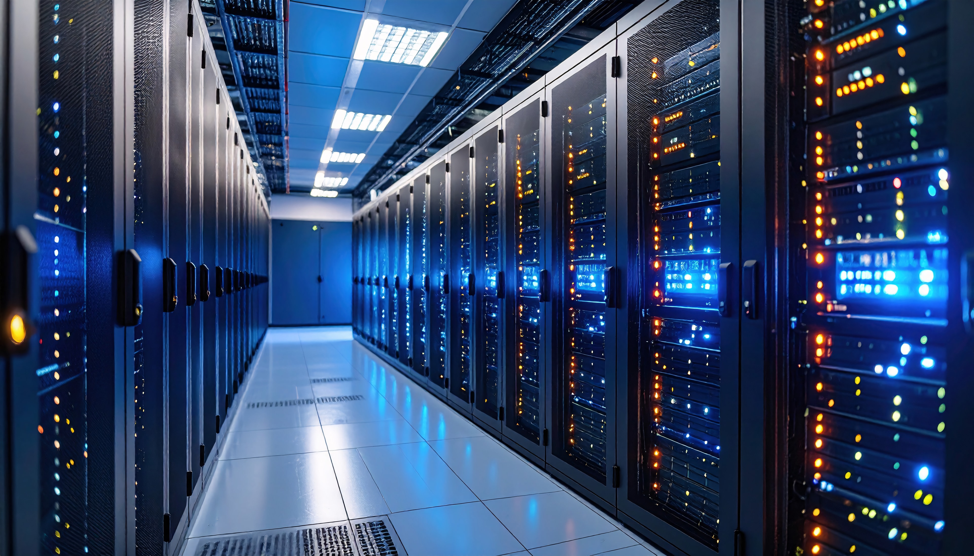 Data center server room with illuminated rack indicators